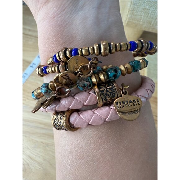 Alex & Ani Set Of 3 Memory Wire & Beaded Bracelets With Pink Braided Leather Tur - Picture 8 of 9